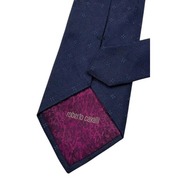 NWT ROBERTO CAVALLI Men's Silk Tie LUXURY Navy Geometric Monogram Logo W:3.7" - Picture 6 of 6